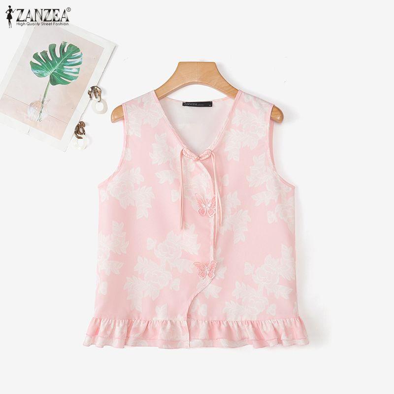 ZANZEA Women Casual V-Neck Summer Loose Sleeveless Print Vest Tops
