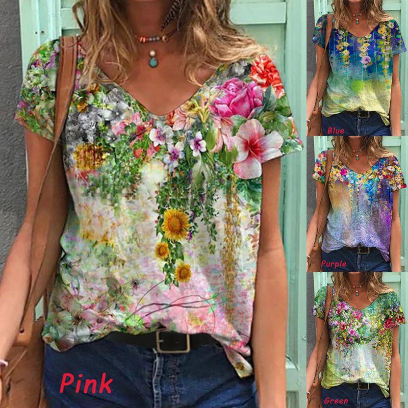 Stylish Womens V Neck Short Sleeve Blouse Soft Casual Baggy Floral T-shirt Tunic Tops