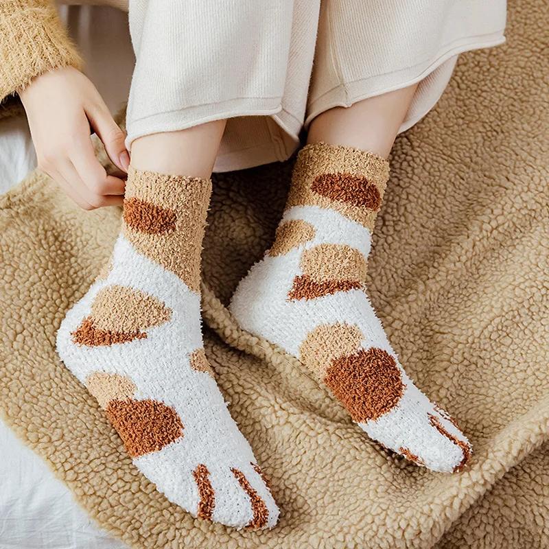 4 Pairs Women Cat Paw Fuzzy Socks Winter Warm Soft Fluffy Funny Socks Cute Animal Fashion Slipper Home Floor Sleeping Socks