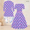 Women Plus Size Geometric Printed Two Piece Set Square Neck Short Sleeve Tie Waist Flared Dress And Three Quarter Sleeve Cardigan