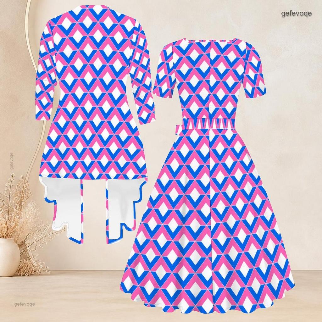 Women Plus Size Geometric Printed Two Piece Set Square Neck Short Sleeve Tie Waist Flared Dress And Three Quarter Sleeve Cardigan