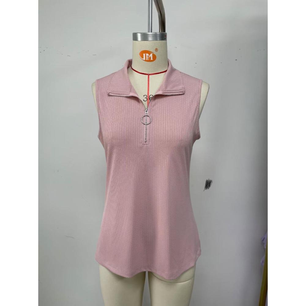 Women's Zip‑Up Collar Sleeveless Ribbed Tank Top Regular Fit Casual Solid Spring Summer Women Tee