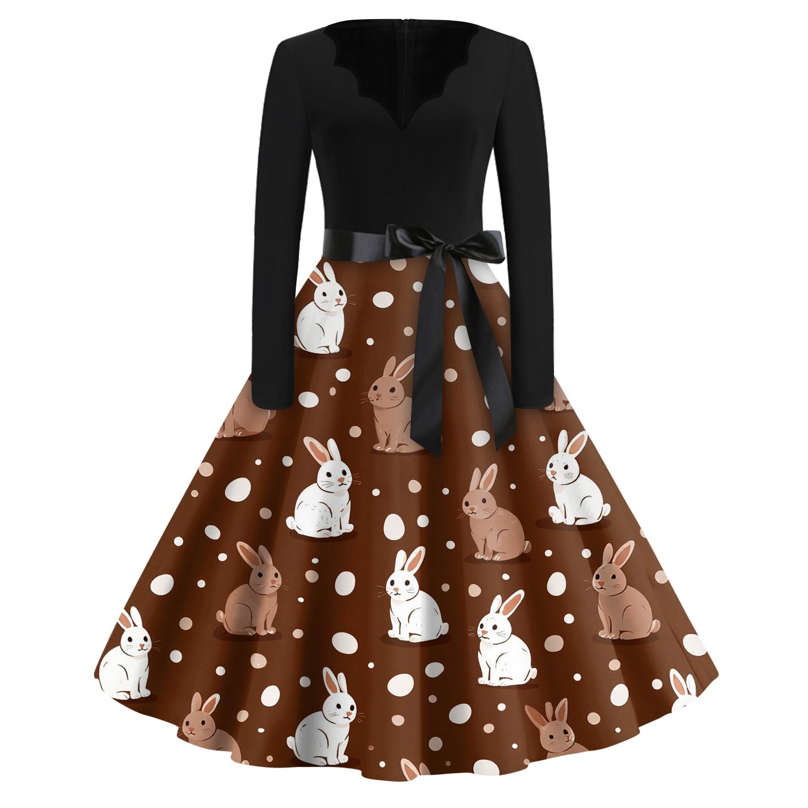 

Платье-клеш с принтом для женщин, платье с длинным рукавом, ажурные платья для вечеринок и повседневной носки L коричневый