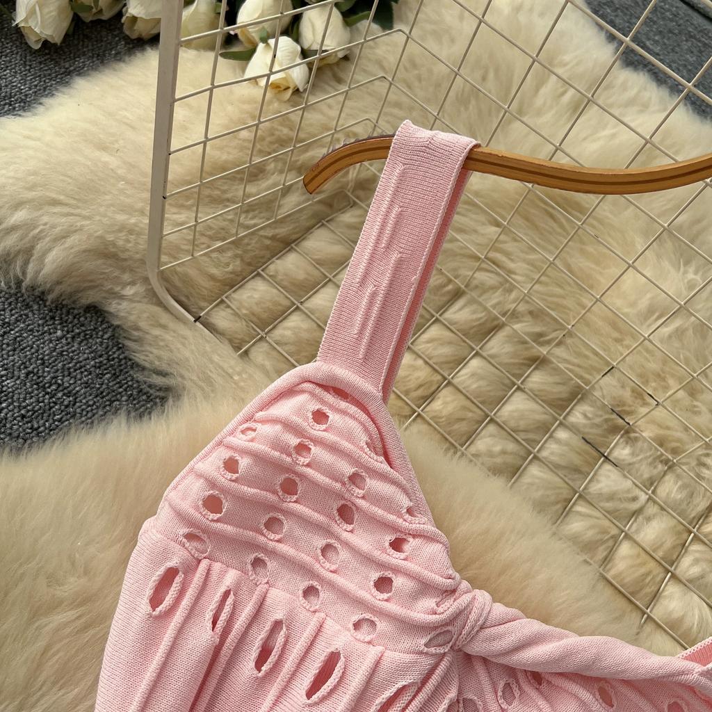 New Fall/Winter Sexy Spaghetti Strap Knitted Midi Dress for Women Elegant Sleeveless Hollow Out Embroidery Slim Sweater Dress