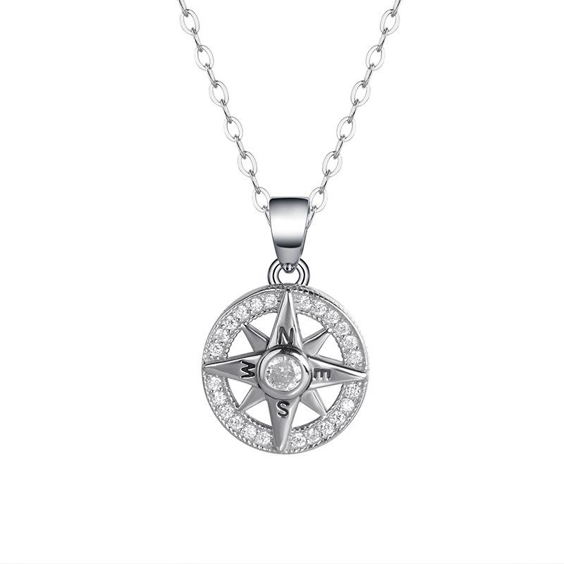 Elegant 925 Sterling Silver Eight-Pointed Star Necklace with Inlaid Diamonds - Women's High-End Niche Compass Pendant.