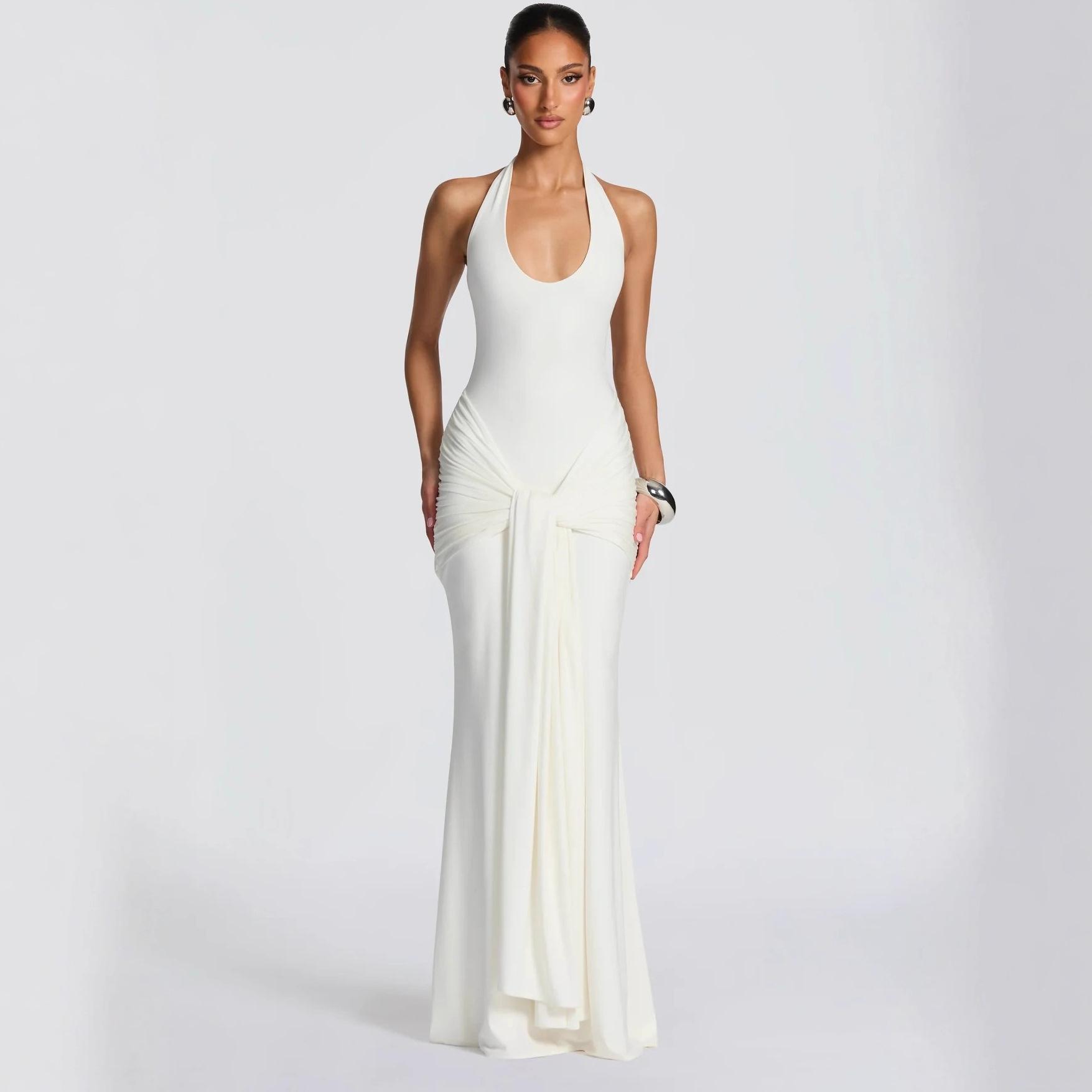 

Women s new streamer splicing suspender long dress slim-fitting hip-wrapped European and American style neck dress dress S белый