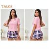 2 Pcs/Set Women Summer Pajama Set O Neck Letter Print Short Sleeves T-shirt Drawstring Elastic Waist Plaid Pattern Homewear Two Piece Set Sleepwear