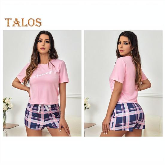 2 Pcs/Set Women Summer Pajama Set O Neck Letter Print Short Sleeves T-shirt Drawstring Elastic Waist Plaid Pattern Homewear Two Piece Set Sleepwear