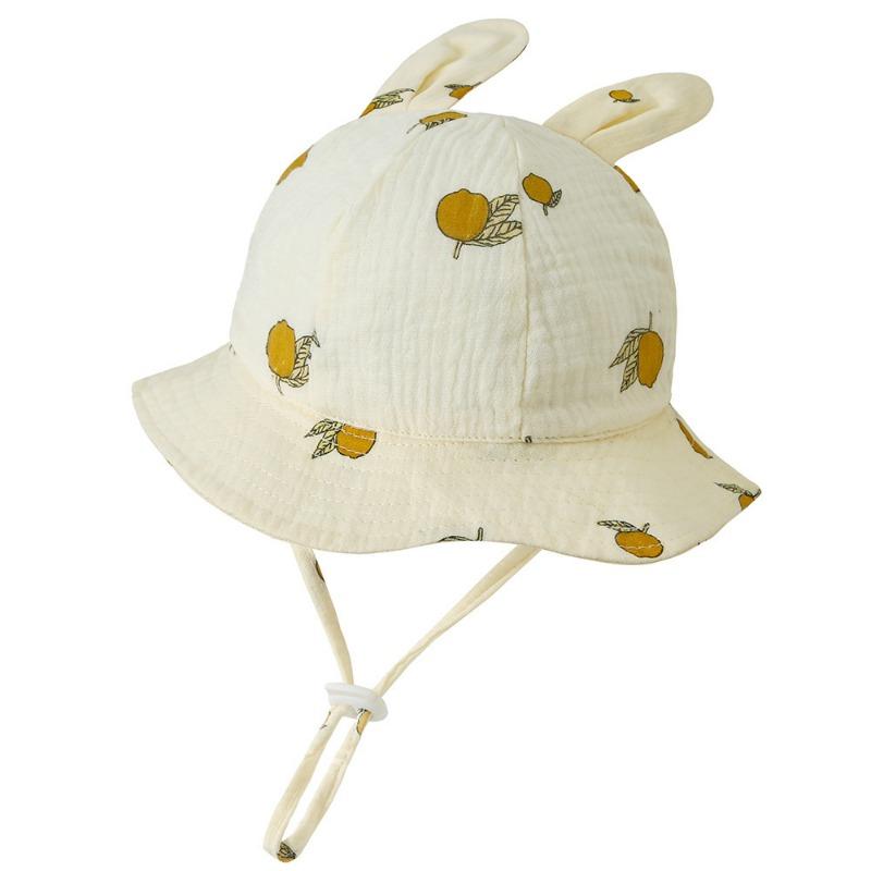 

New baby gauze basin hat baby pleated printed bucket hat rabbit ear sun hat 3-12M Suitable for babies aged 0-12 months