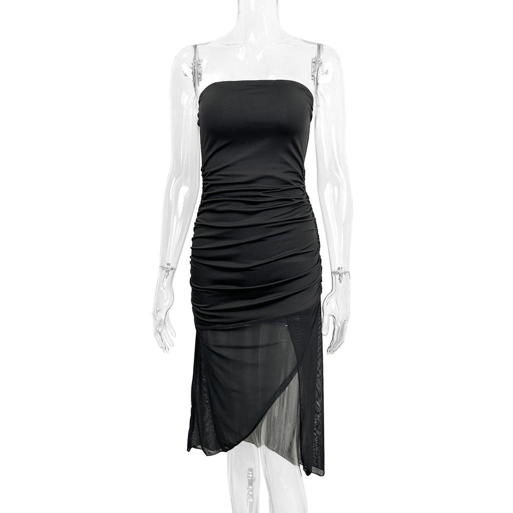 2024 Women's European & American Style Summer Backless Mesh Spliced Slim Irregular Bandeau Dress