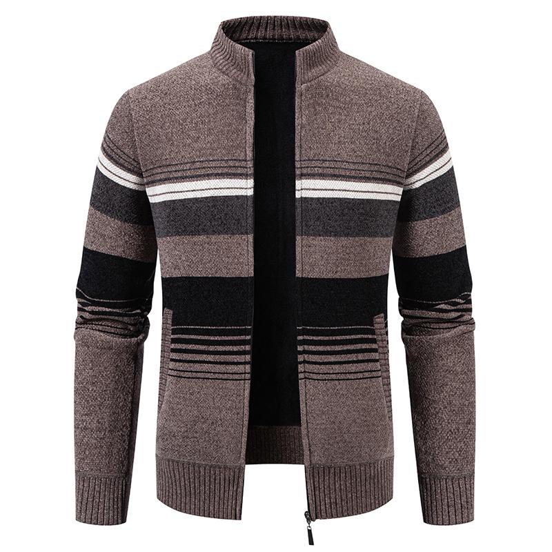 Herren Gestrickter Cardigan mit Streifen Reißverschluss Stehkragen Pullover Jacke Langarm Lässige Oberbekleidung für Herbst Winter
