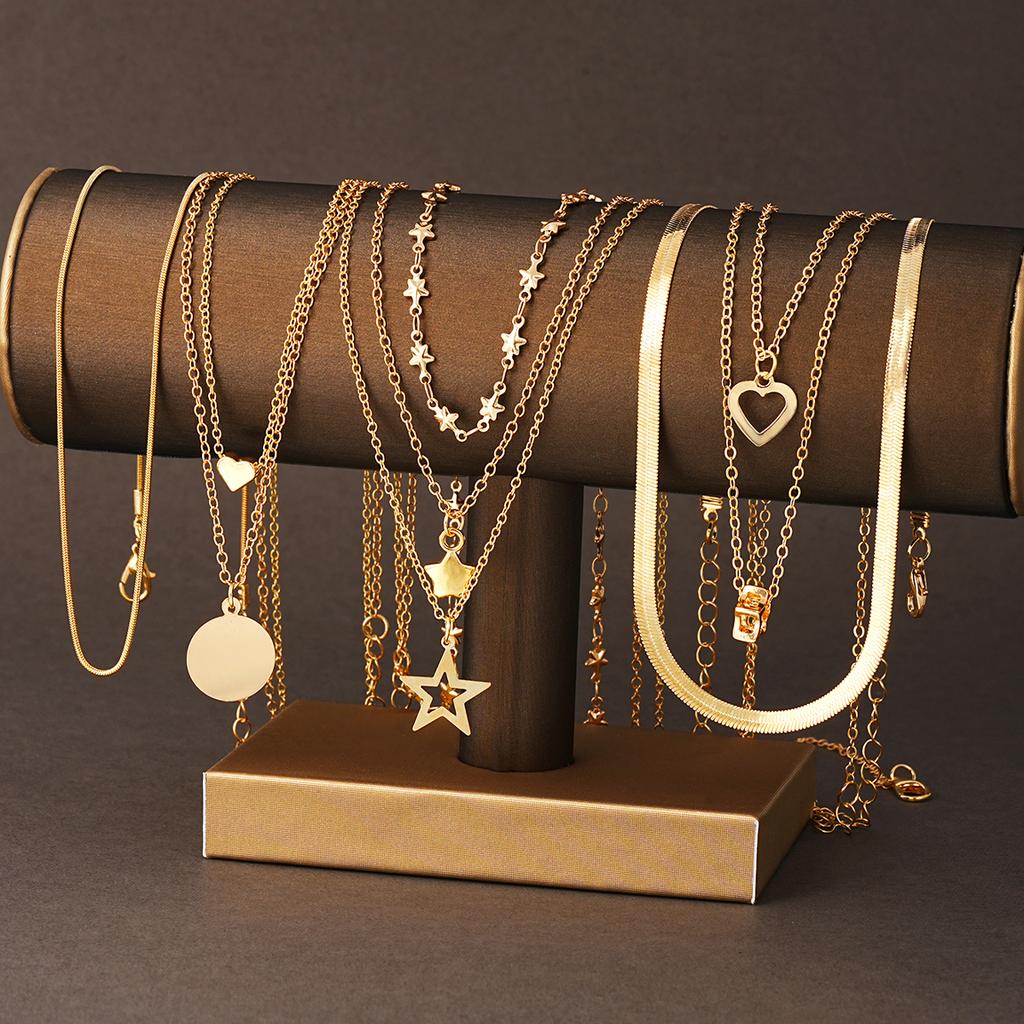 7pcs/Set Simple Star Heart Pendant Necklace Set For Women Fashion Gold Color Elegant Layered Necklace Female Charms Jewelry Gift