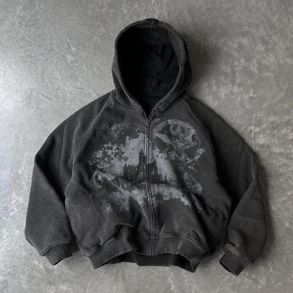 Y2k Gothic Punk Stil Bedruckter Sternenpunkt Gestickter Reißverschluss Hoodie Herren Harajuku Retro Übergroßes Oberteil