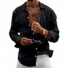 Men's Linen Long Sleeve Button Down Shirt Solid Color Loose Casual Cardigan.