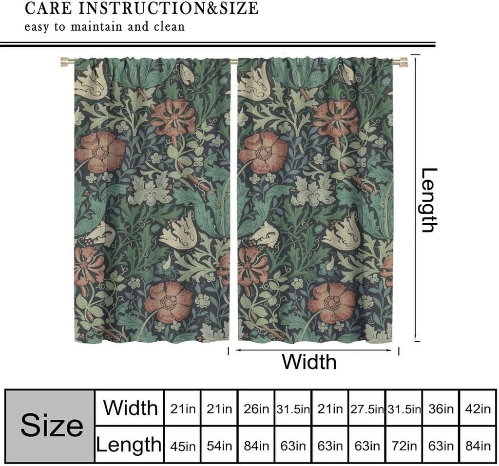 William Morris Flower Blackout Window Curtains Bohemia Floral Vintage Window Drapes for Living Room Bedroom 21(W)*45(L) 2 Pane