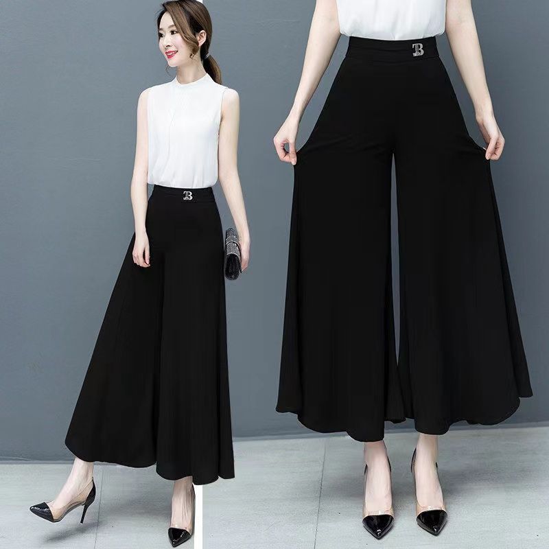 

Plus Size Plus Size Ladies High Waist Show Thin Black Cropped Wide-Leg Pants Black 3XL [Recommendation 72.50 kg-80.00 kg]]
