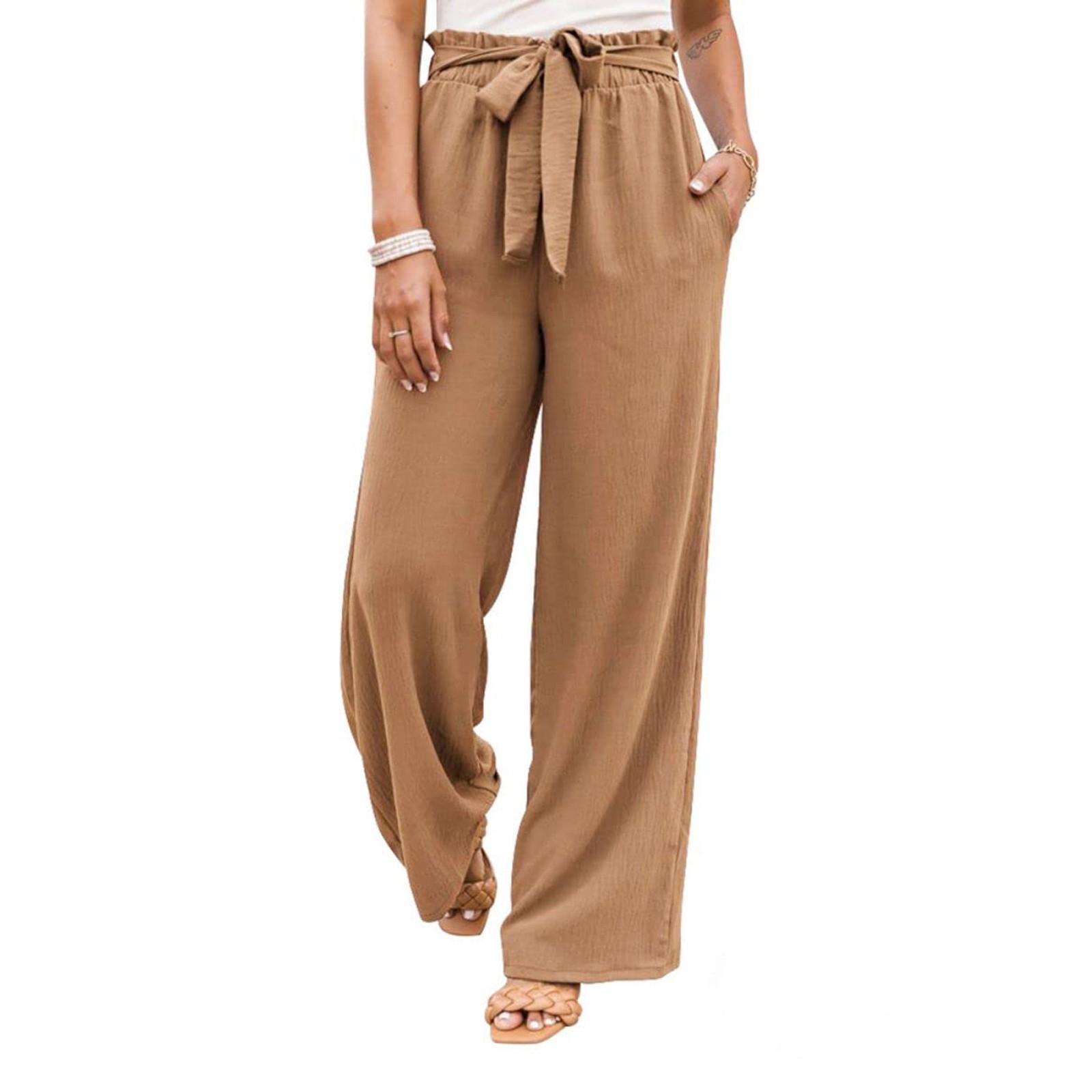 Fashion Women Colours Straight Leg Cotton Linen Drawstring Loose Wide Leg Trousers L