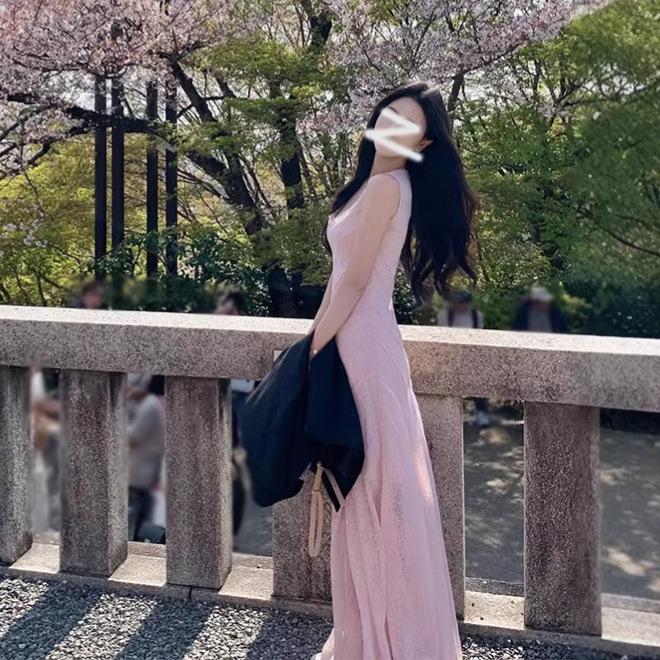 French pink lace dress women's summer new vacation style age-reducing temperament sleeveless waist A-shaped long skirt