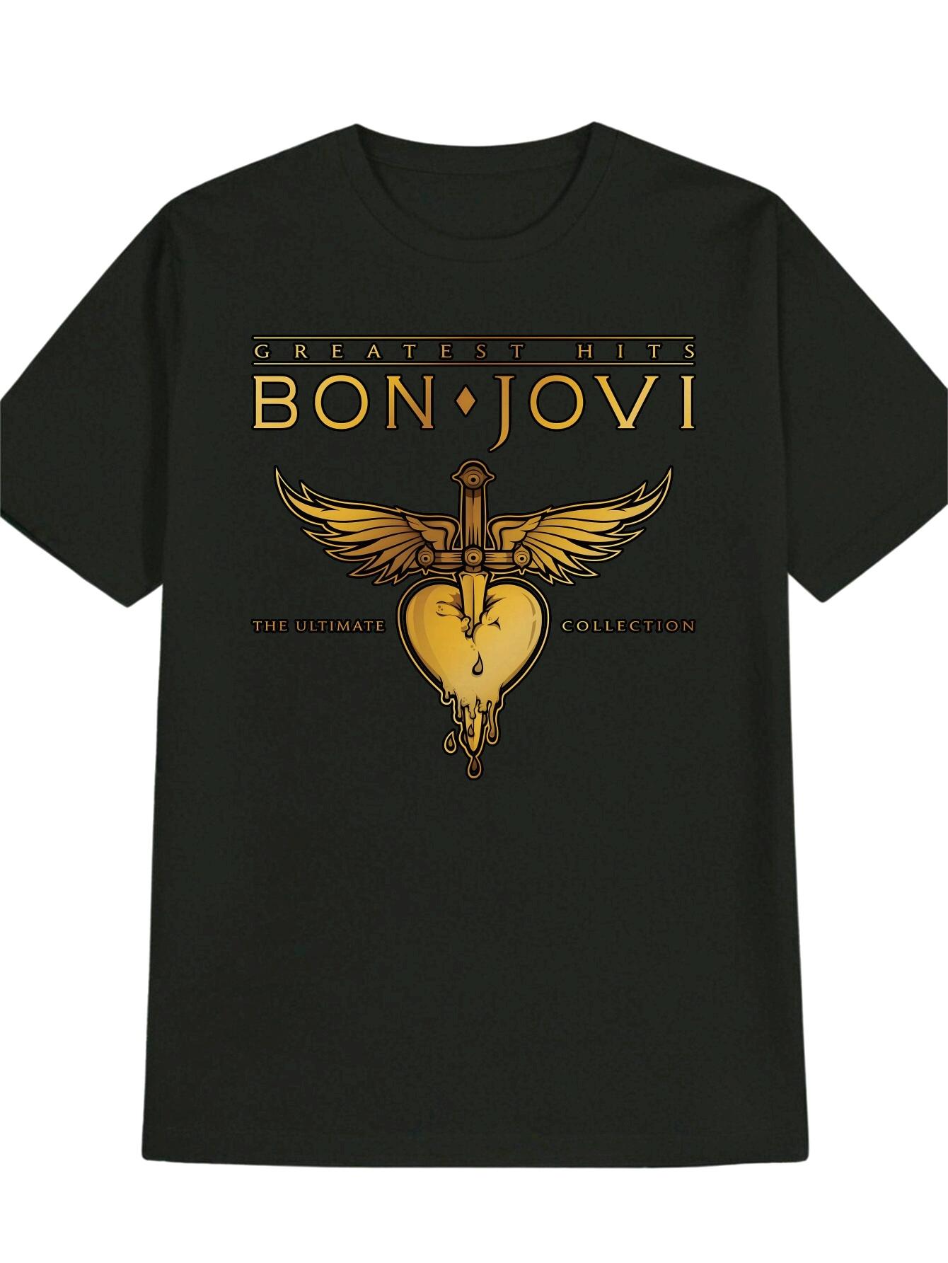 Casual Crew Neck T-shirt with Golden Heart and Sword Design -  Greatest Hits Bon Jovi  Print XXL