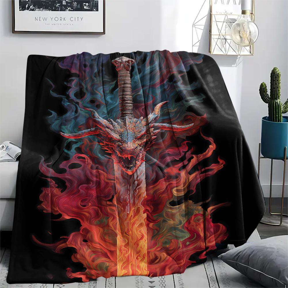 Sword and Dragon Print Flannel Blanket,High quality Comfortable for All Seasons,Home Decor,Warmth and Comfort,Perfect for Christmas Gifts