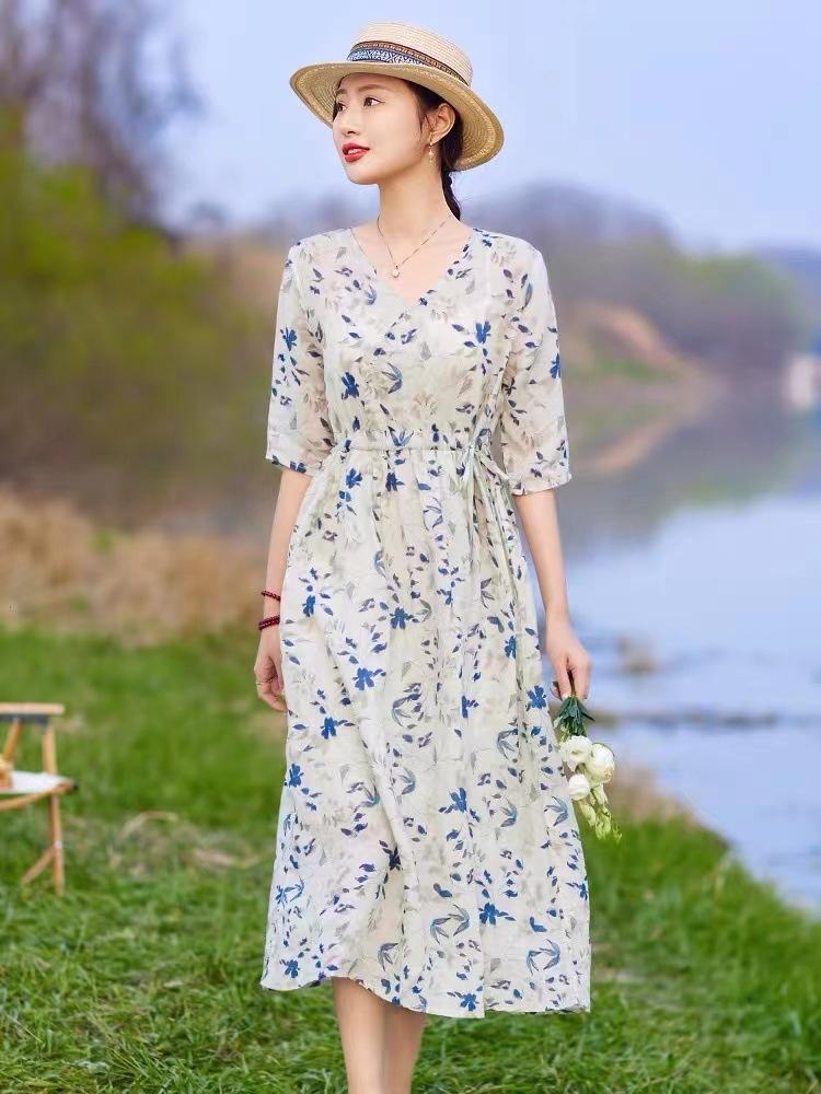 

Платье из печатной рами 2025 лето новый зарубежный стиль хлопок и лен цветочный V-образный вырез с коротким рукавом юбка женская 2XL