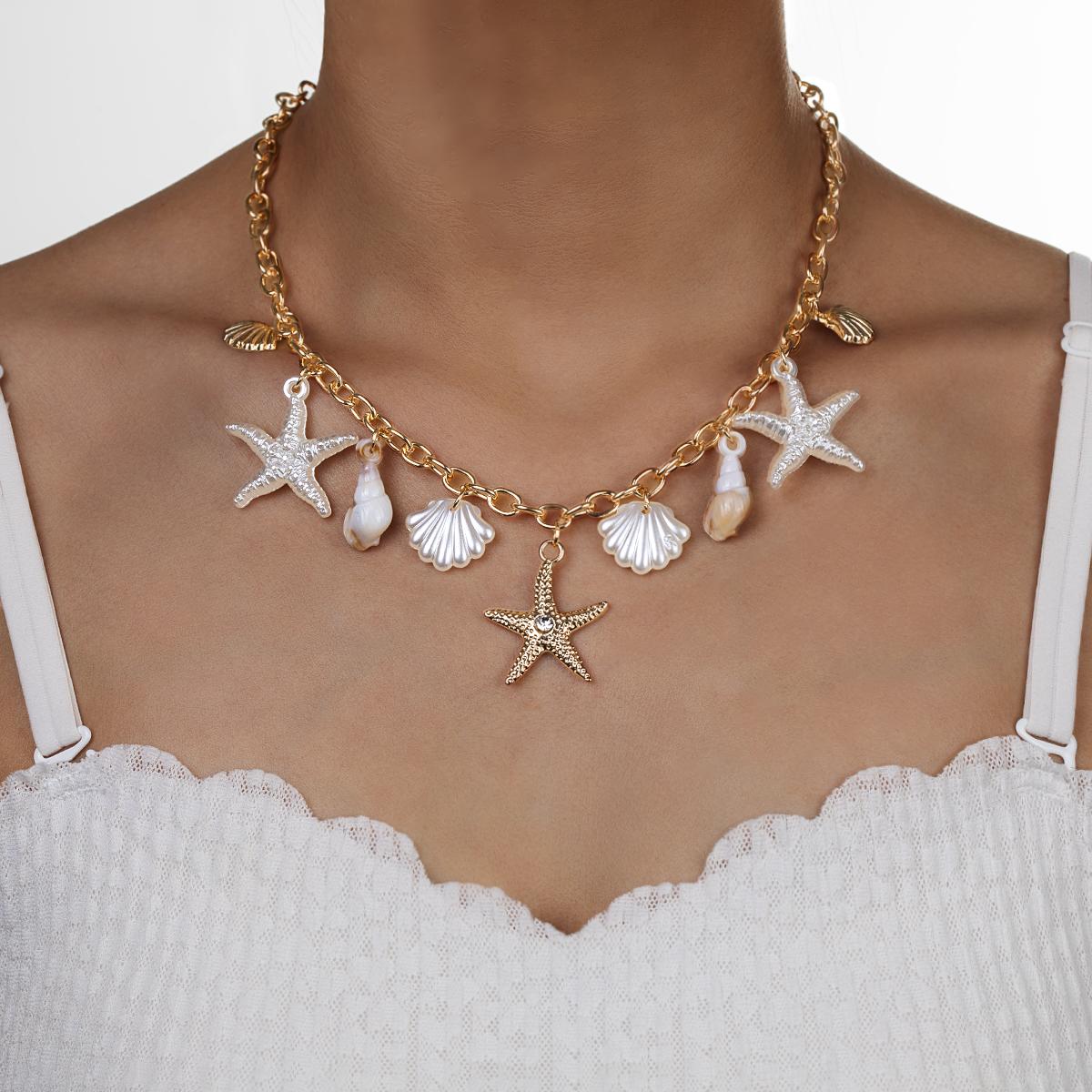 

Vacation beach style resin shell starfish tassel necklace, alloy zircon starfish pendant, neck sticking women s necklace