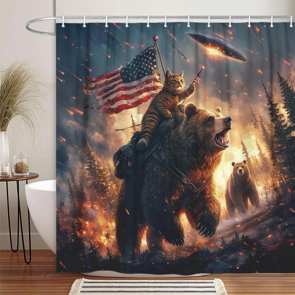 Funny Bear Printed Shower Curtain Cool Cat Riding Bear Forest Woodland Ufo For Bathroom Decor