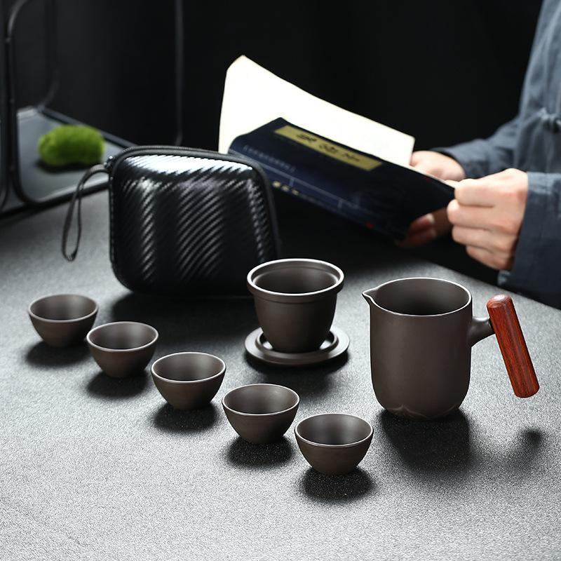 Purple Clay Concentric Travel Set Combination Portable Ceramic Teapot Kung Fu Quick Tea Cup Holiday Gift Wholesale