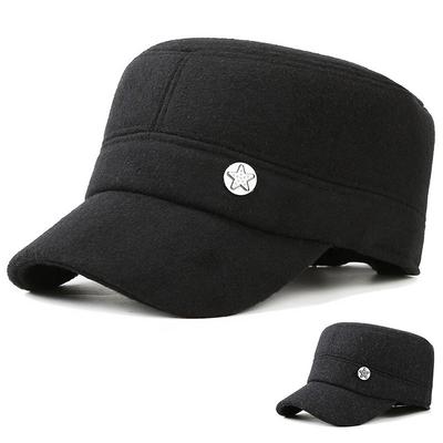 Wool Felt Flat Top Hat Winter Old Man Thickened Ear Protection Military Hat Five Star Hat Outdoor Cap
