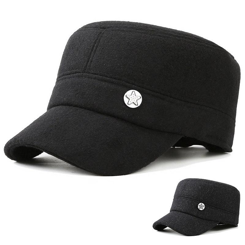 Wool felt flat top hat winter old man thickened ear protection military hat five star hat outdoor cap