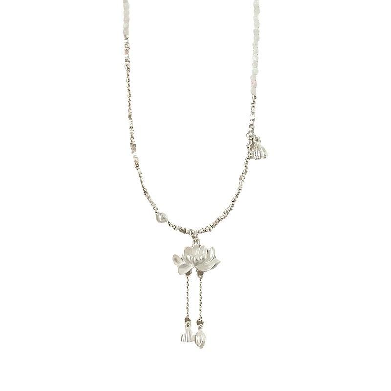 New Chinese Lotus Fringed Pendant, Broken Silver Necklace, Women'S Retro Light Luxury Elegant Personalized Versatile Neck Chain, Collarbone Chain
