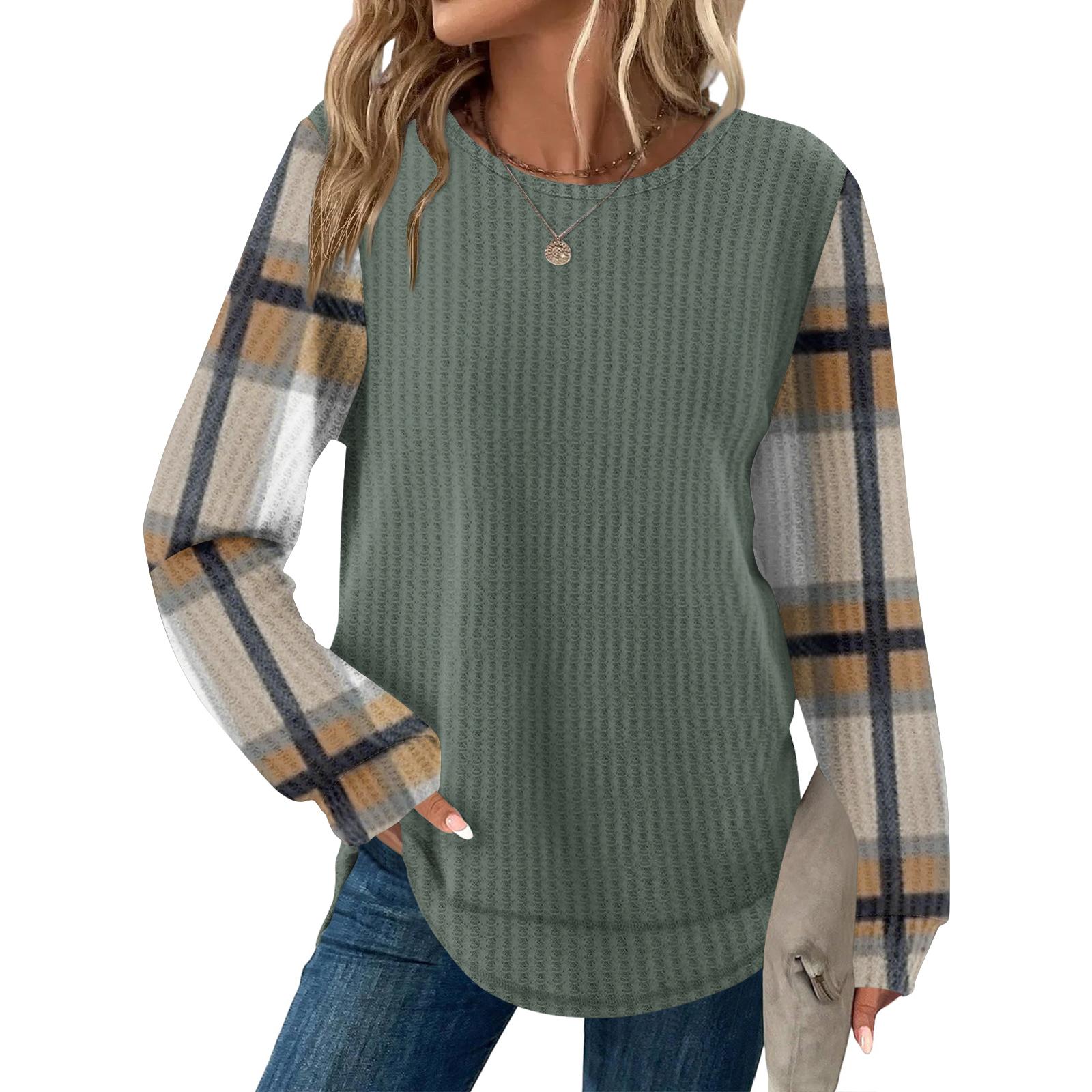 Women s Plaid Print Round Neck Long Sleeve Casual Loose Top L