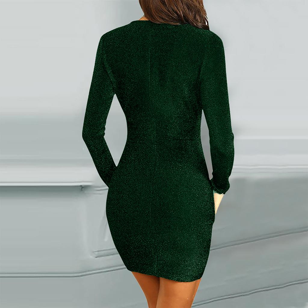 Kadın Düz Renk Uzun kollu Çapraz V Yaka SeXy Çanta Kalça İnce Parlak Gece Elbisesi Diz Boyu Elbise