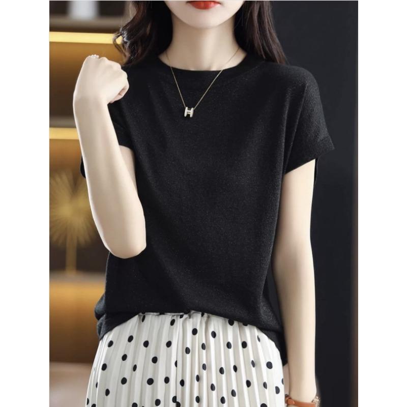 Women's Knitted Short Sleeved T-shirt Loose Ice Silk T-shirt Bright Silk Breathable Shirt