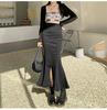 Before and After Two Wear A-line Fishtail Skirt Bustier Skirt Female High Waist Slim Elastic Open Fork Medium-length Package Hip Skirt Denim Skirt