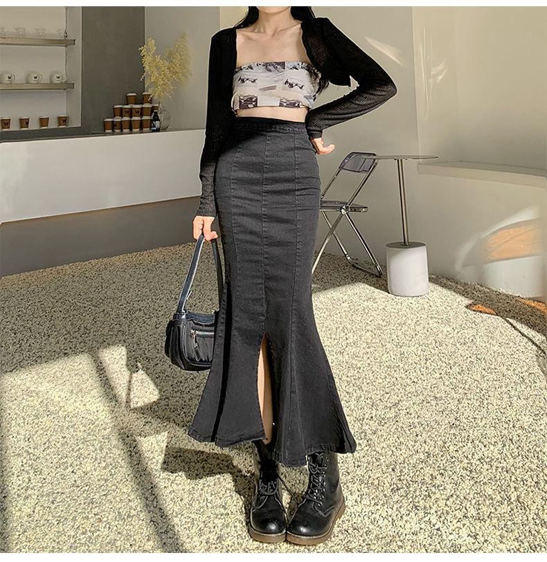 Before and After Two Wear A-line Fishtail Skirt Bustier Skirt Female High Waist Slim Elastic Open Fork Medium-length Package Hip Skirt Denim Skirt
