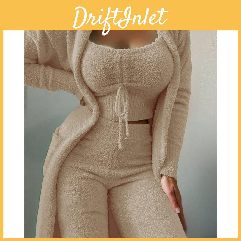 Plush Womens Piece 3 Laceup Pajamas Suit Casual Suit Solid Color Slim Sling Pants Long Jacket Home Service