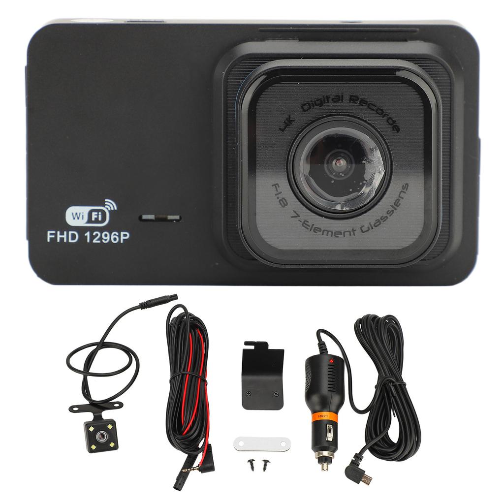 3in Driving Recorder 1296P Wide Angle Front Rear Recording WiFi Dash Cam Driving Video Recorder Camera for Vehicle