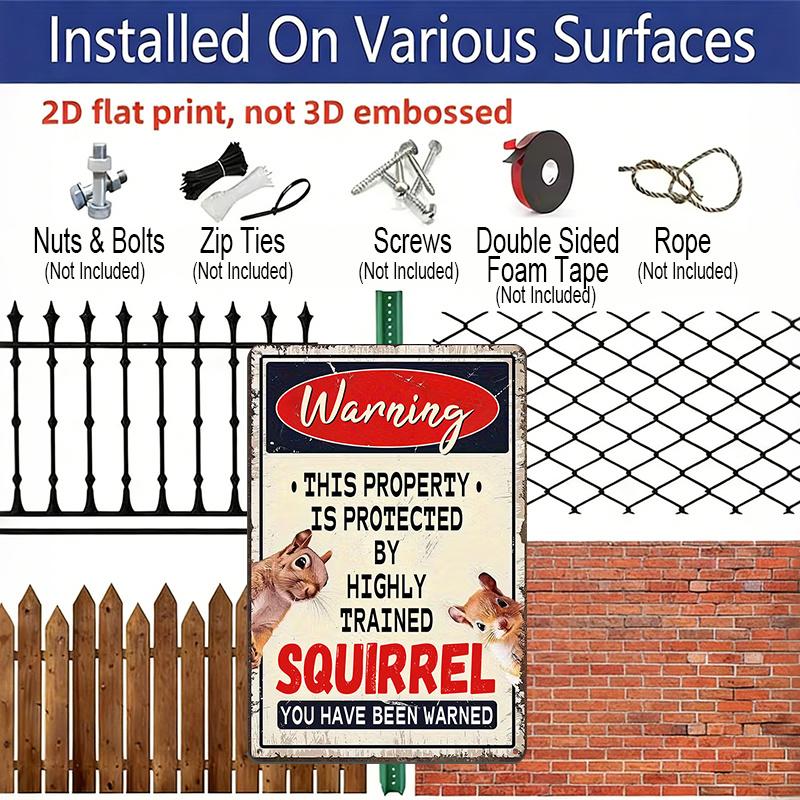 2D Flat 1pc Vintage Aluminum Sign "Warning: This Property Is Protected By Highly Trained Squirrel" Funny Animal Humor Wall Decor Plaque for Home