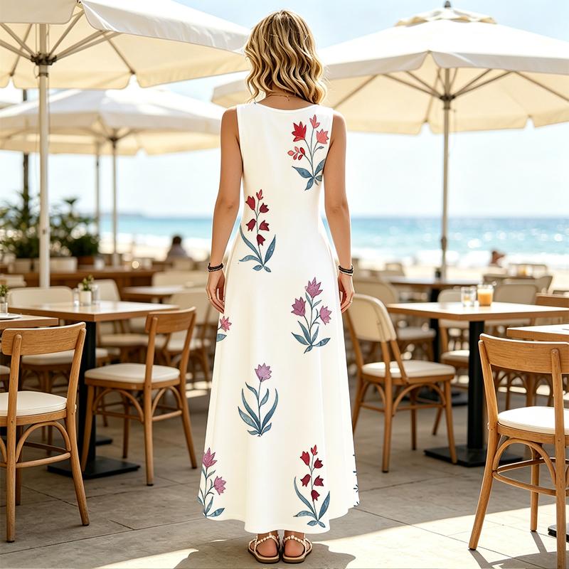 Women's Sleeveless Flowy Maxi Dress,Lightweight Fresh Vacation Style,Long Length for Casual Daily,Outdoor,Travel