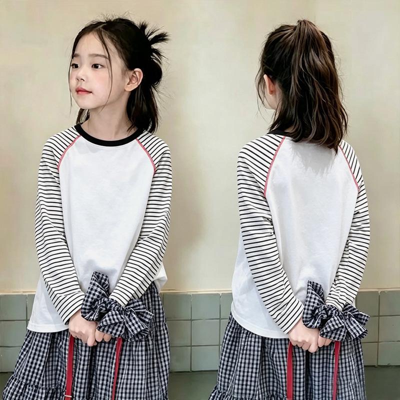Girls' Trendy Color Block Striped Long Sleeve Cotton T-Shirt for Spring and Autumn