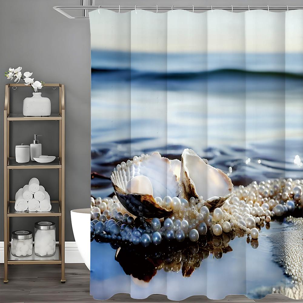 Závěs do sprchy Ocean Beach Shell Pearl, Dekorační závěs do sprchy do koupelny, Vodotěsný závěs do sprchy s háčky
