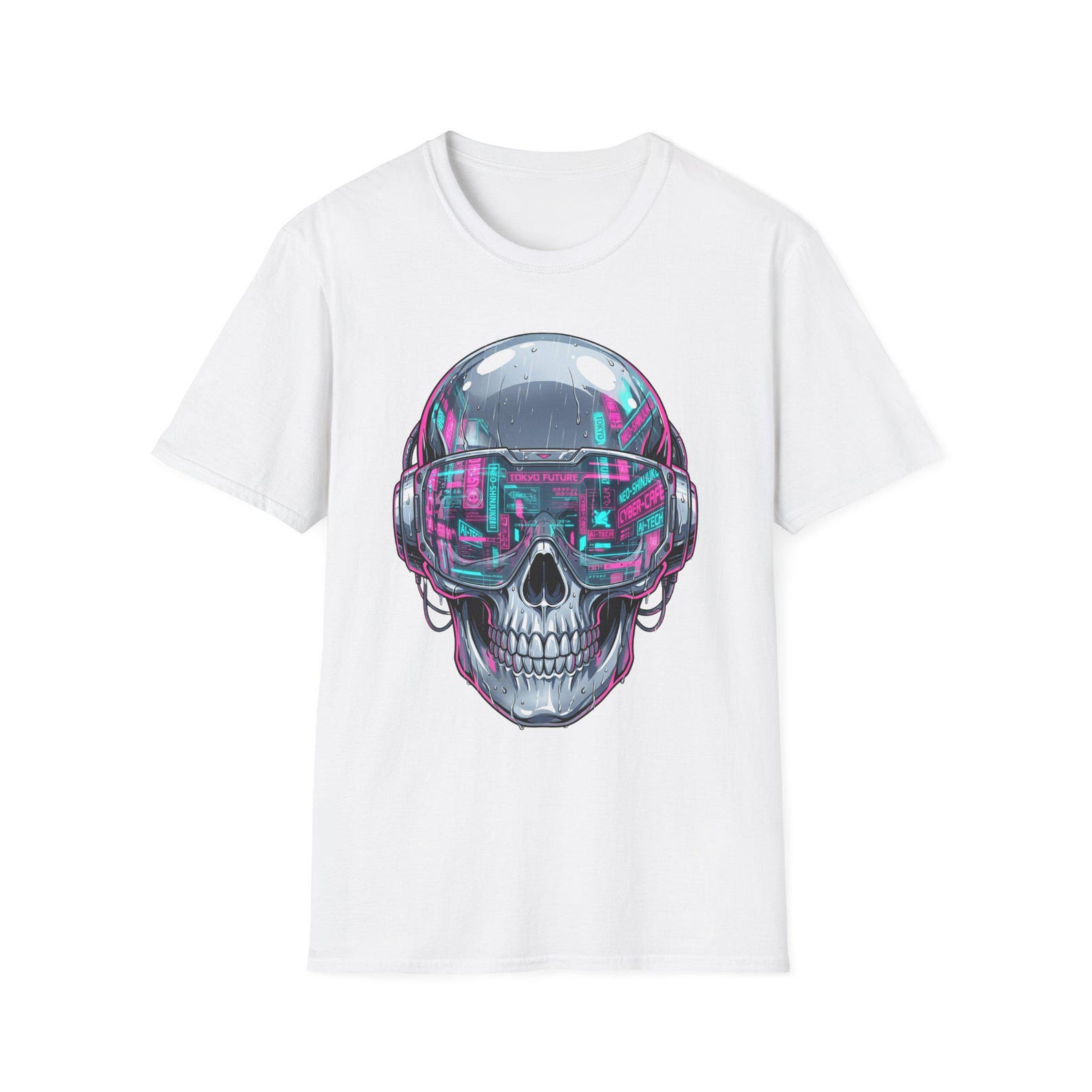 Cyberpunk Skull Neon Visor T-Shirt | Retro Futuristic Skeleton Graphic Tee | Sci-Fi Gamer Gift L