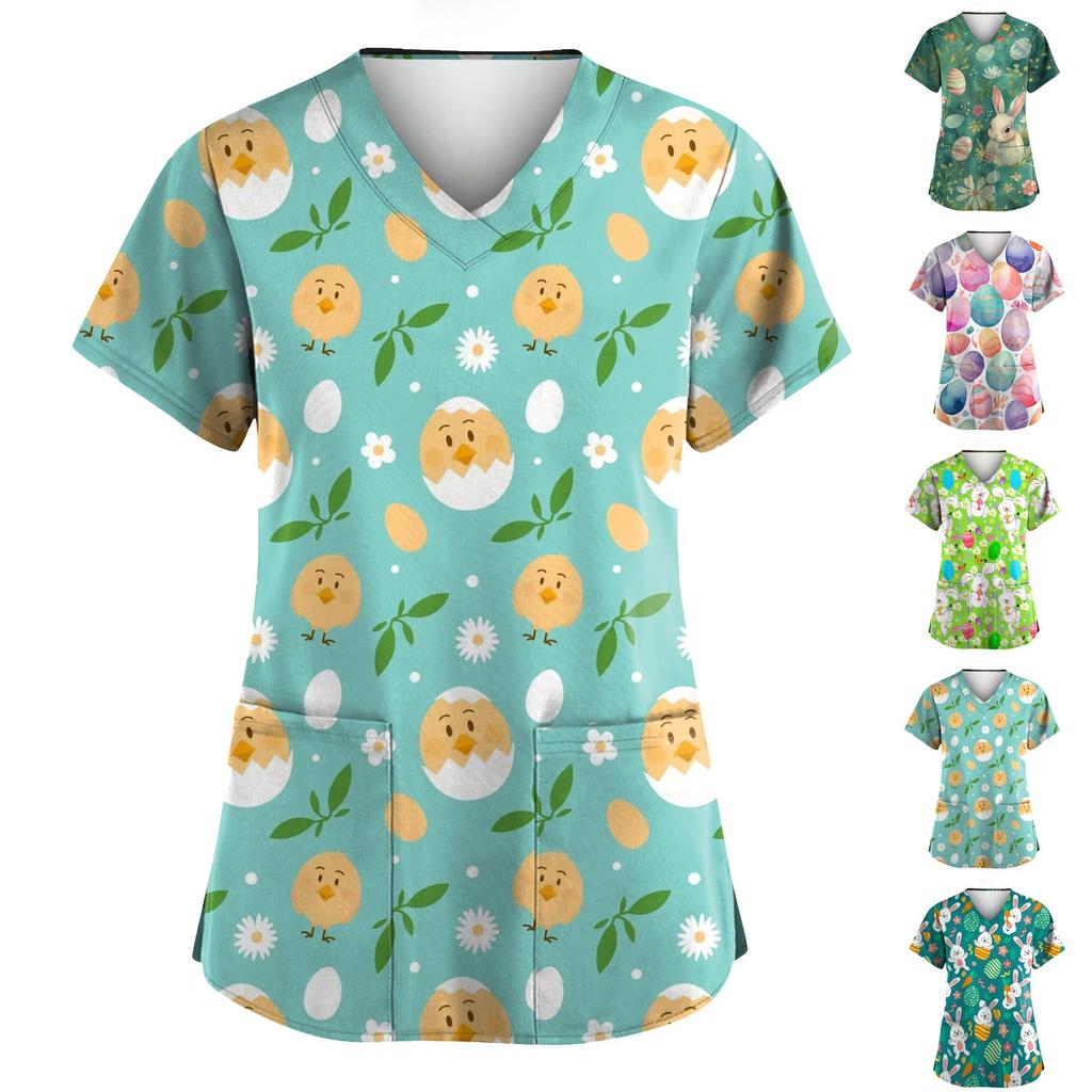 Women's Valentine's Day Printed Loose V-Neck Pocket Short Sleeve Uniform  Uniform