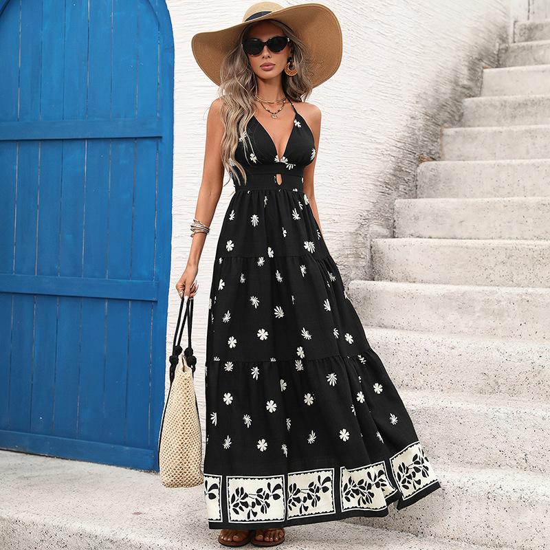

Womens Maxi Summer Dresses Sleeveless Halter V Neck Beach Dresses for Women A-Line High Waist Casual Dress for Vacation S