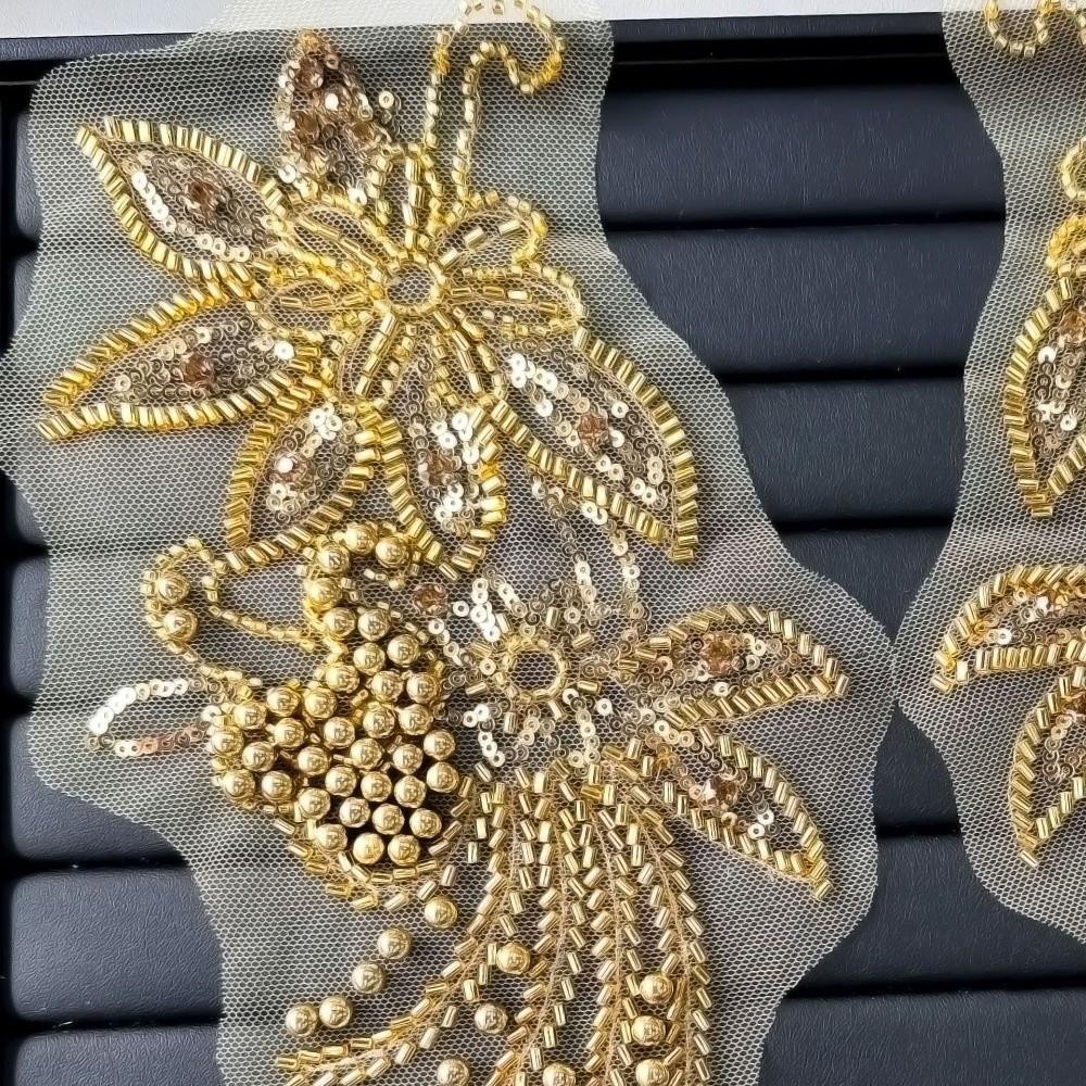 Handmade Nail Beads Clothing Applique Gold Embroidery Clothes Patches  Bridal Accessories