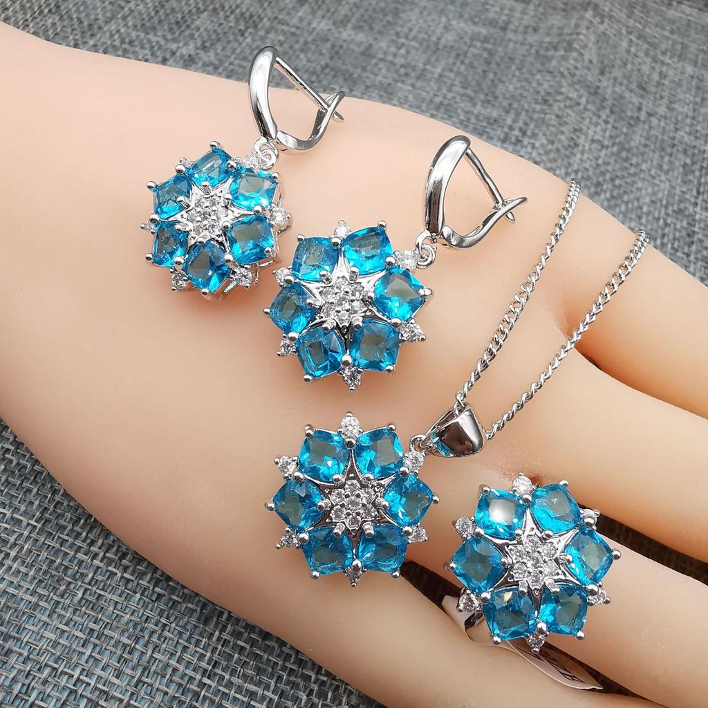 Explosions Fashion Jewelry Crystal Square Zircon Necklace Earrings Ring Set of Three