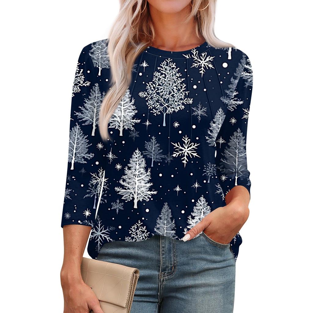 Women's Fashionable Round Neck 3/4 Sleeve Printed Casual Basic Pleated Pullover T-shirt Top