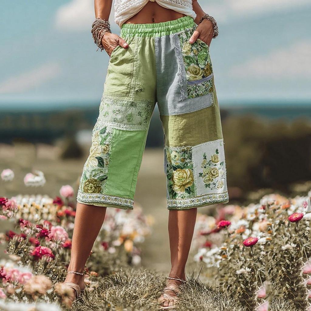 2025 Retro Floral Print Casual Women's 7-Point Pants Shorts