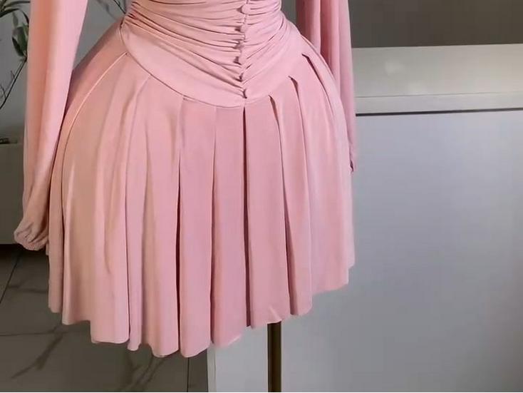 Women's French Style V-Neck Pleated Dress with Waist-Cinching Long Sleeves